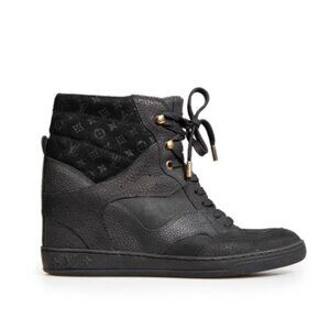 LOUIS VUITTON Black Leather/Suede Cliff Top Wedge Sneakers | 37